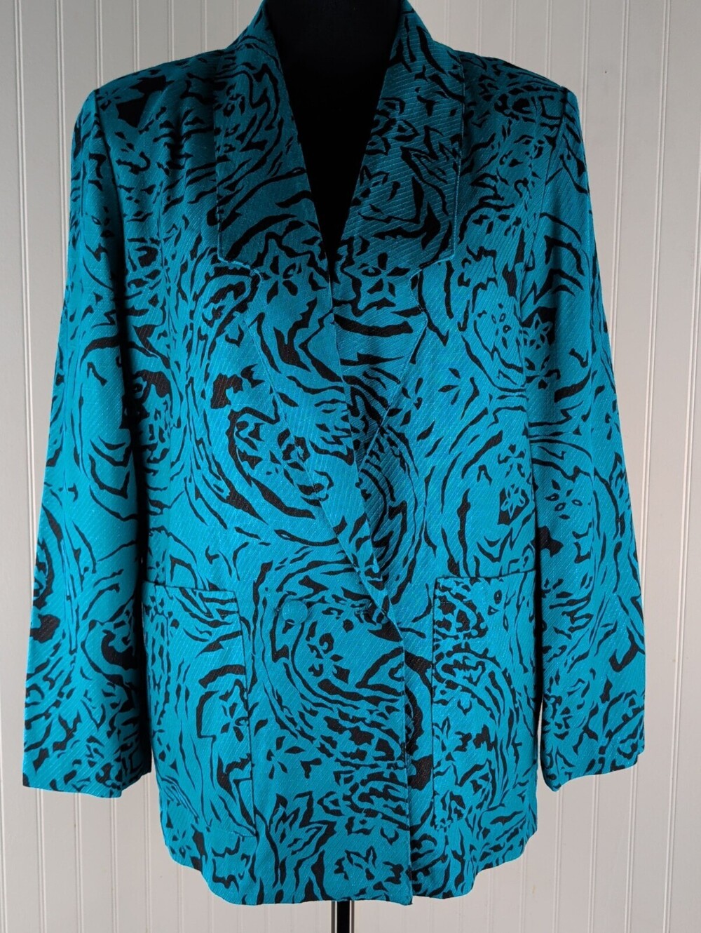 80's VTG EUC Michel Leger Paris Teal Black Abstract Blazer Power Shoulder 9/10